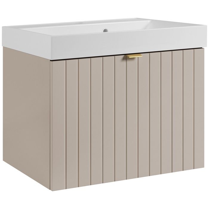 Meuble vasque suspendu HARMO 60 cm avec vasque encastrée en résine Façade rainuré cachemire