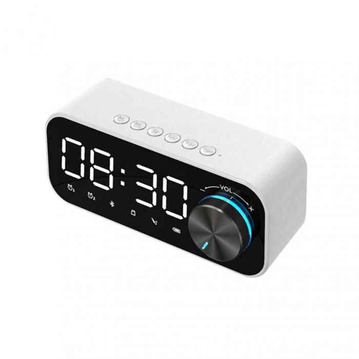 Réveil avec radio numérique haut-parleur Bluetooth affichage LED de lheure et de lalarme et surface miroir pour bureau - Blanc
