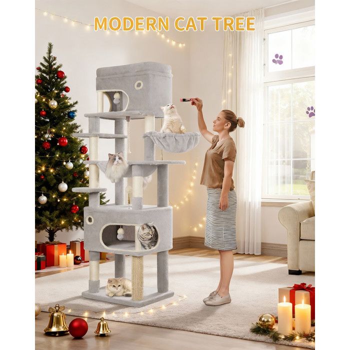 Meilleurs prix pour Arbre à Chat Tour de Jeux pour Chats de 178 cm avec Grande Plateforme 2 Niches 7 Griffoirs Pompons Paniers HamacGris Clair