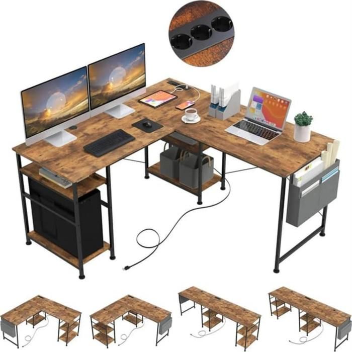 Bureau en L à configuration réglable avec étagères de rangement et ports de recharge couleur marron