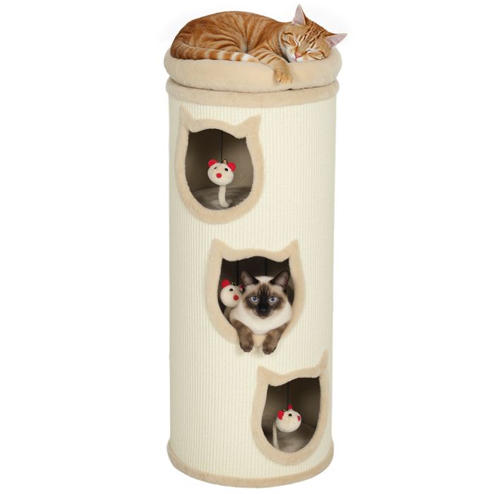 Comparer les prix de Tonneau à gratter pour chat - PawHut - 3 niveaux avec plate-forme - en sisal et bord en peluche - Ø 38 x 96 cm - crème