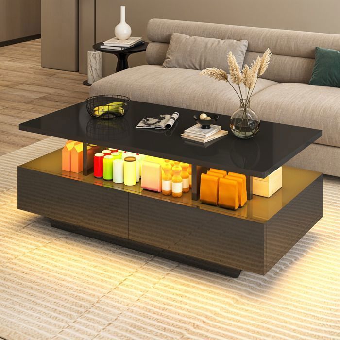 YITAHOME Table Basse LED 16 Couleurs avec Rangement 90x55x41 cm 4 Tiroirs et Étagère Télécommande MDF E1 Blanc Brillant
