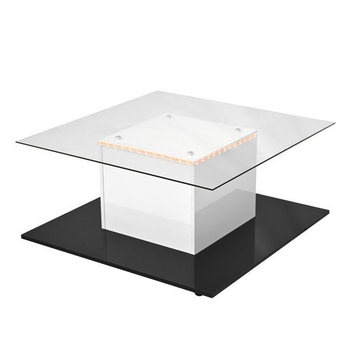 Table basse moderne en verre trempé et panneaux de particules blanc/noir avec bande LED réglable et roulettes