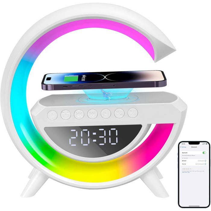 Lampe charge sans fil RVB station induction haut-parleur Bluetooth réveil numérique