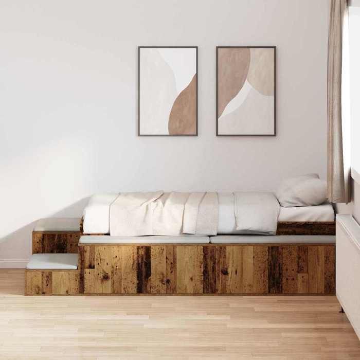 Structure de lit avec rangement - UU - Bois ancien - 234x103x53 5 cm - Lit compact 70x190 cm - Rangement intégré