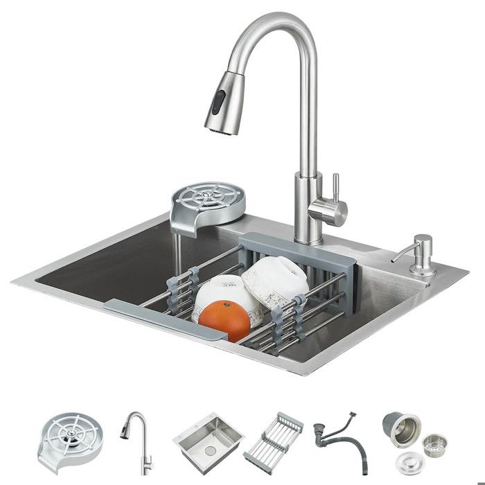 Nickel brossé Evier Cuisine 45 * 60cm évier de Cuisine en Acier Inoxydable évier Intégré le Robinet Extractible 360°