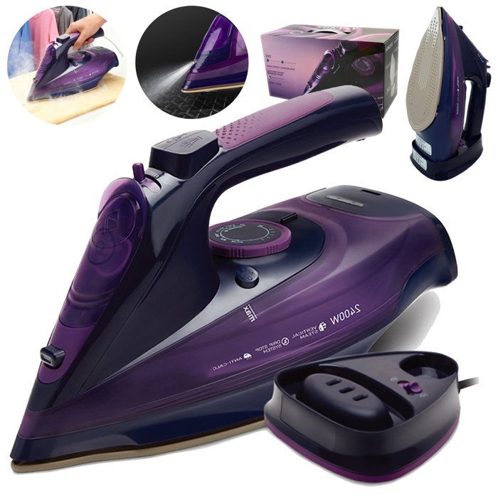 Fer à Repasser Vapeur Sans Fil 2400W Jet Vapeur 180g/min Semelle Céramique 2-en-1 Anti-Calcaire Violet - Yulinland