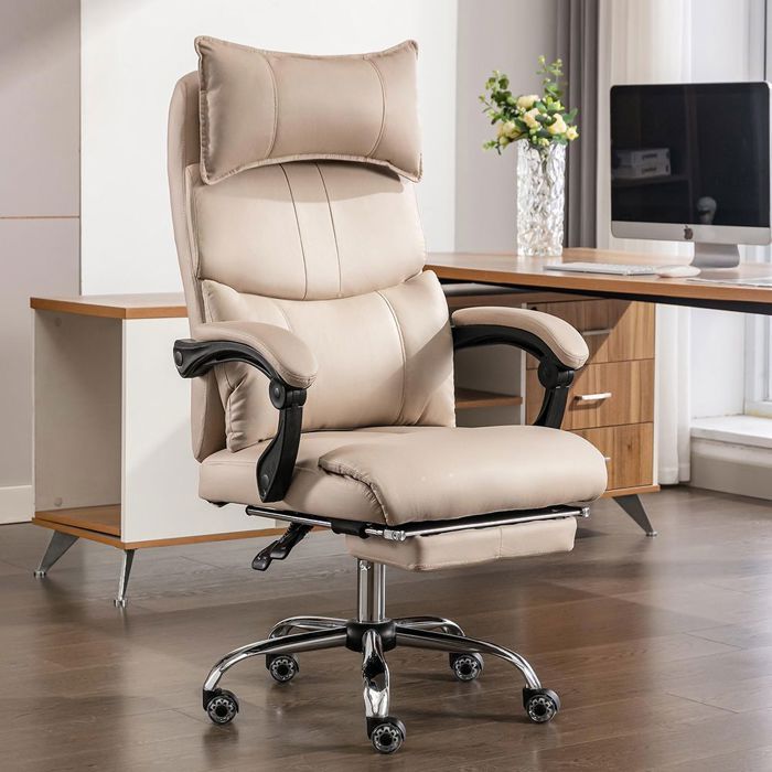 Chaise bureau ergonomique cuir PU pivotante hauteur réglable double soutien lombaire beige Chaise bureau ergonomique cuir PU pivotante hauteur réglable double soutien lombaire beige