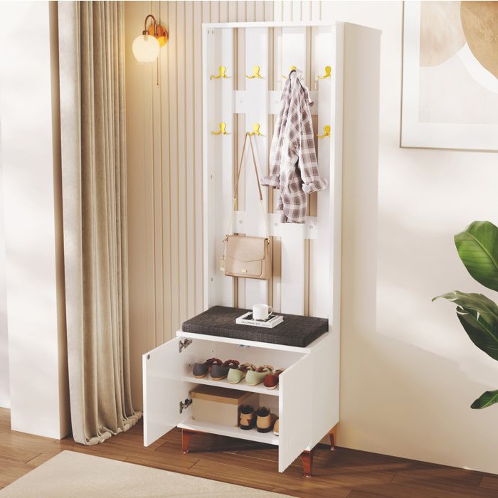 Meuble dentrée -Vestiaire 60.5x35.2x180.5 cm avec banc à chaussures et coussin. étagères réglables. blanc