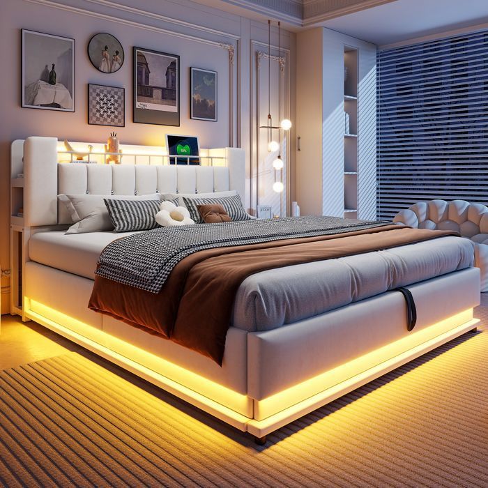 Lit Coffre 180x200 cm - Lit Double Capitonné avec Rangement LED et Port USB - Sans Matelas Velours Beige