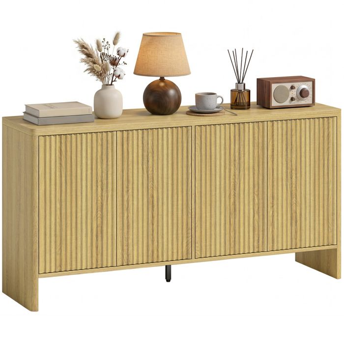 Buffet salon - HOMCOM - 4 portes rainurées étagère réglable ouverture par pression - MDF - 147x40x77cm - chêne