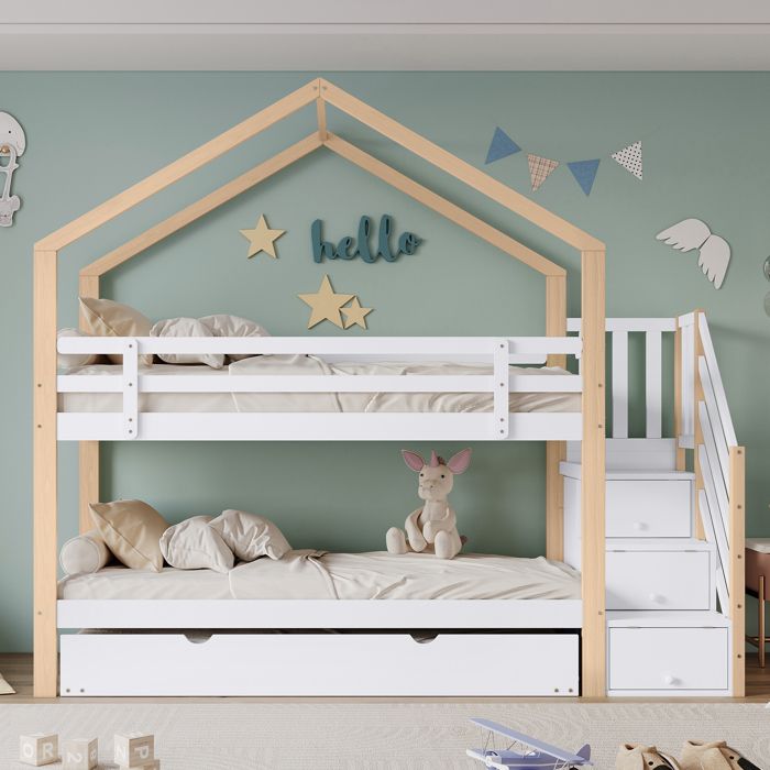 Lit superposé - KOMHTOM - Lit superposé enfant 90x200 cm - Escamotable 90x190 - 3 tiroirs escalier - Bois blanc/naturel