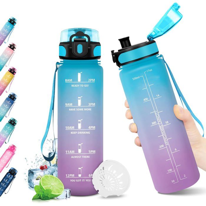 Gourde 500ml Gourde Sport avec Marqueur de Temps et Filtre sans BPA Bouteille deau pour Garçon Fille Maternelle lécole Camping