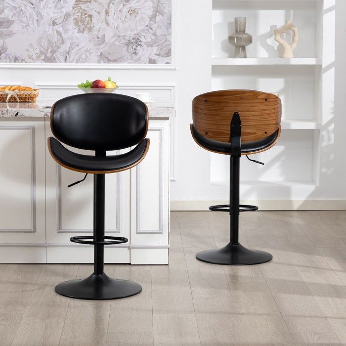 Tabourets de bar Lot de 2 Pivotant Hauteur Réglable Bois Courbé Cuir PU Noir Ergonomique 51x50x93-103.5cm