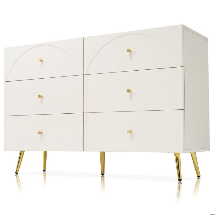 Commode 6 tiroirs - blanc creme - facades cintrees - 120 x 40 x 85 cm
