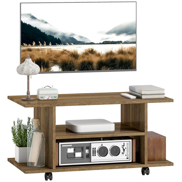 Meuble TV - HOMCOM - avec roulettes pivotantes et étagères - pour téléviseur jusquà 42 pouces - bois - 80x40x40cm - noyer Meuble TV - HOMCOM - avec roulettes pivotantes et étagères - pour téléviseur jusquà 42 pouces - bois - 80x40x40cm - noyer