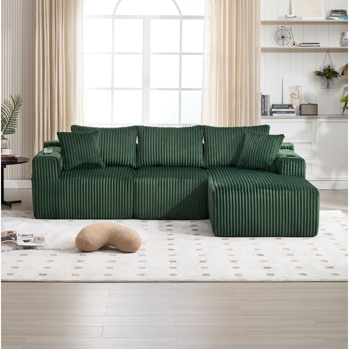 ROVRYN Canapé modulable dangle 3 places avec méridienne velours côtelé vert émeraude 5 coussins