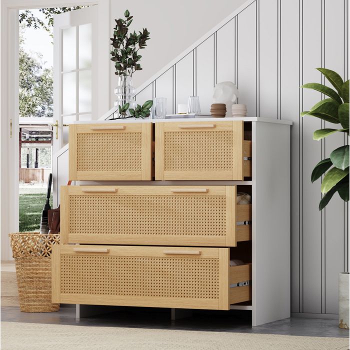 MEUBLIV Commode 4 tiroirs en MDF avec façades style rotin blanc et naturel 80 x 80 x 38 cm