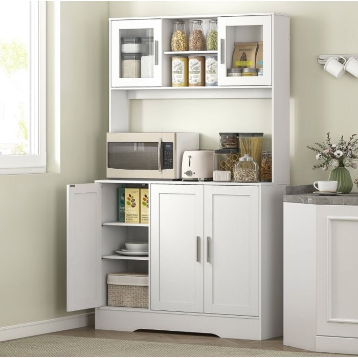 Buffet de cuisine blanc style scandinave 108 x 35 x 180 cm 4 placards portes en verre trempé étagères réglables