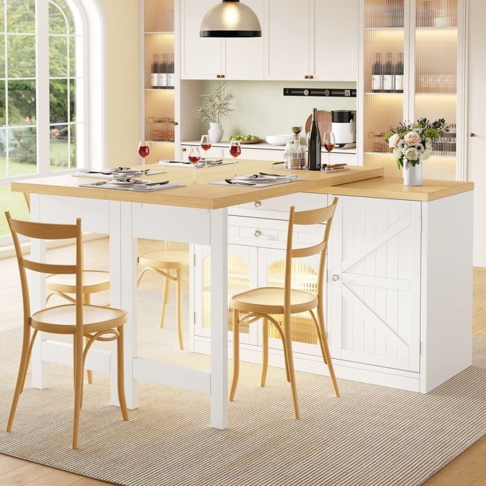 Îlot Central de Cuisine - avec Table Extensible 120-194 cm - Plateau Pivotant à 360° - Portes Vitrées - Blanc