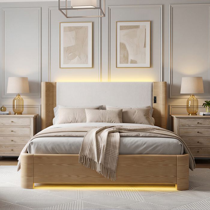 Lit coffre - 180x200 - Velours beige - LED 7 couleurs - Coffre hydraulique 750 N