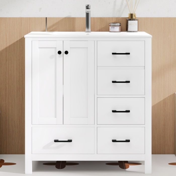 Meuble vasque de salle de bain 76 x 46 x 82 cm avec 2 portes 5 tiroirs et vasque en céramique – Blanc