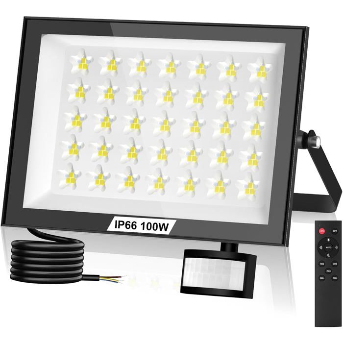 Projecteur Led 100 W Avec Détecteur De Mouvement 10 000 Lm Avec Télécommande Blanc Froid 6 500 K Ultra Lumineux Étanche Ip66[CA351]