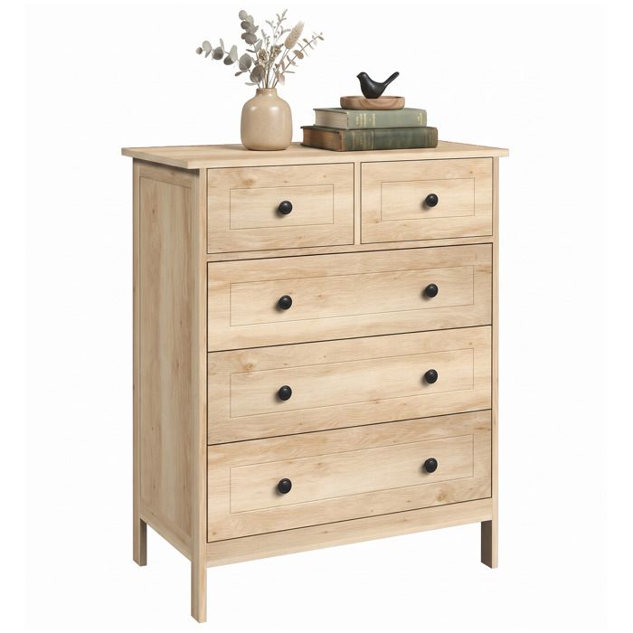 Commode - HOMCOM - 5 tiroirs meuble chambre bureau entrée style contemporain - bois - 74x40x91cm - chêne