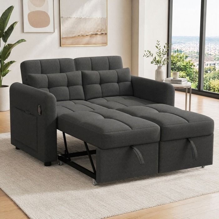 Canapé convertible 3-en-1 2 places dossier réglable 120°/160°/180° ports USB tissu coton-lin gris TYNQER