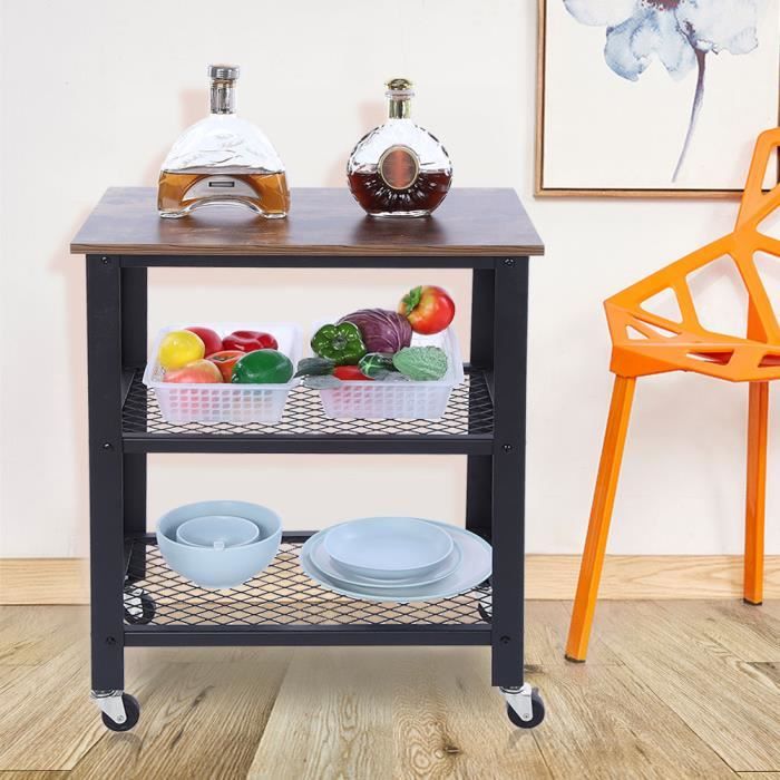 Chariot De Service Vintage 3 Niveaux - 60x40x81cm, Plateau Bois, Roulant, 80kg Charge