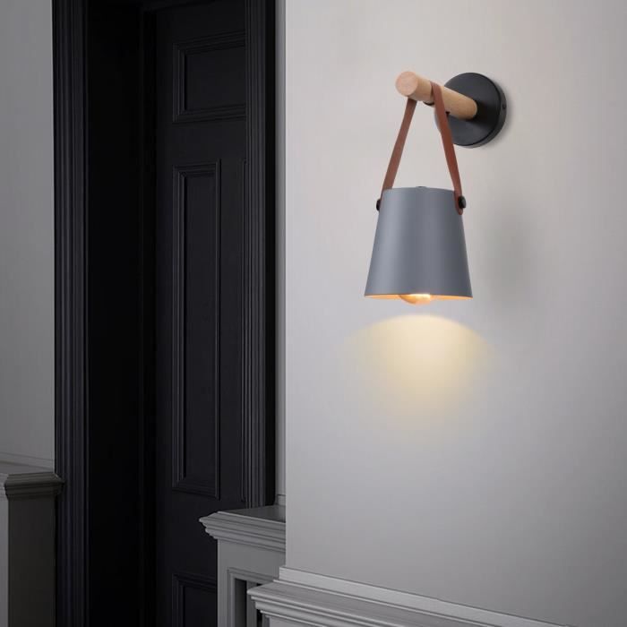 MOGOD 2PCS Applique Murale Nordique Lampe Murale Suspendue Macaron Gris Lampe de Chevet Moderne en Fer Forgé Bois Ceinture