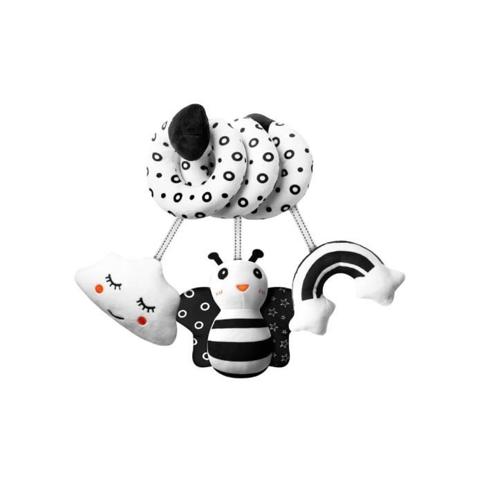 Jouet Suspendu Poussette Bébé 40cm - Peluche Sensorielle Noir Et Blanc - Stimulation Et Amusement