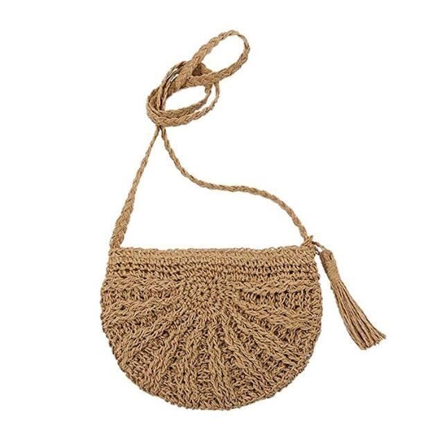 Sac Paille Rond Femme Ete Glands Plage Sacs A Main Messager Frange
