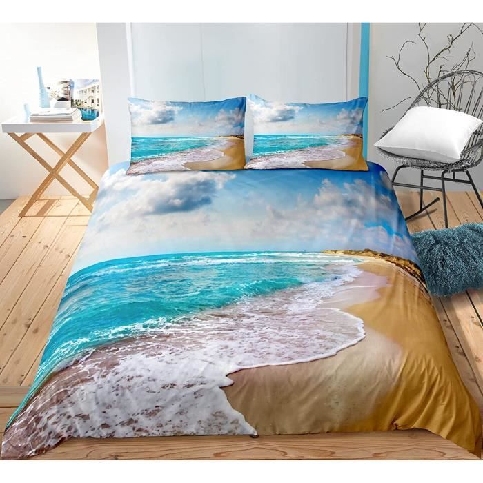 Housse de Couette Océan Bord de Mer Vague Bleue Plage de Sable Coucher
