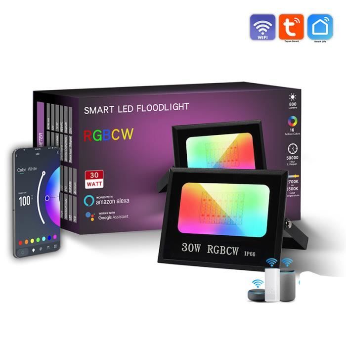 50W Projecteur LED RGB WiFi Intelligent, Projecteur Couleur Exterieur IP66 Etanche, Spot LED Multicolore Sync Compatible avec Alexa