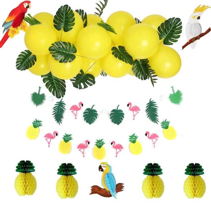 SUNBEAUTY Summer Party Ballon Decoration Kit Jaune Ananas Flamants Guirlande Perroquet Suspendu pour Tropical Party Hawaii Plage Decor 