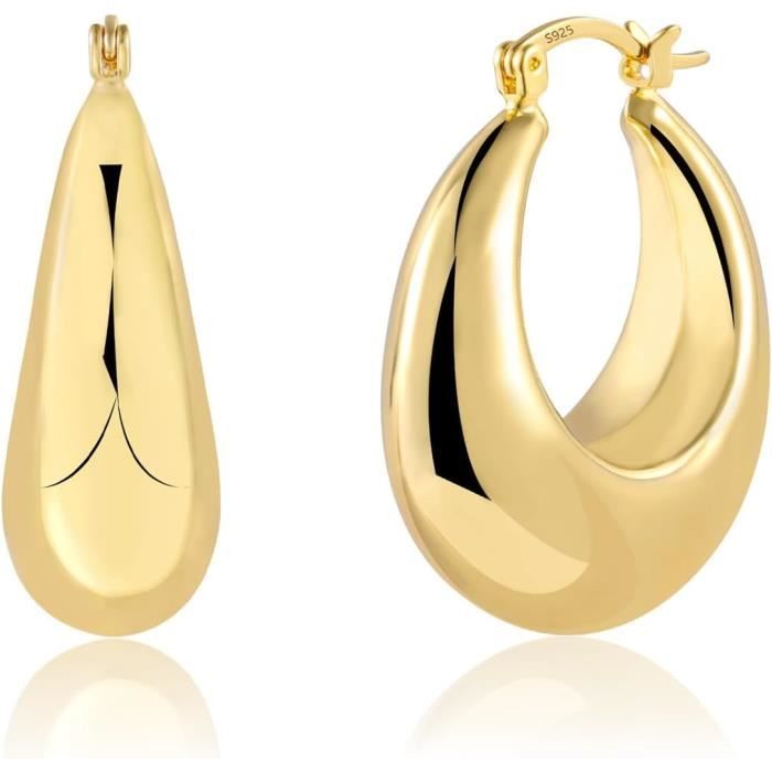 Boucles D'oreilles Créoles épaisses 25 Mm - Argent Sterling Plaqué Or - Italie - Modèle Hoop