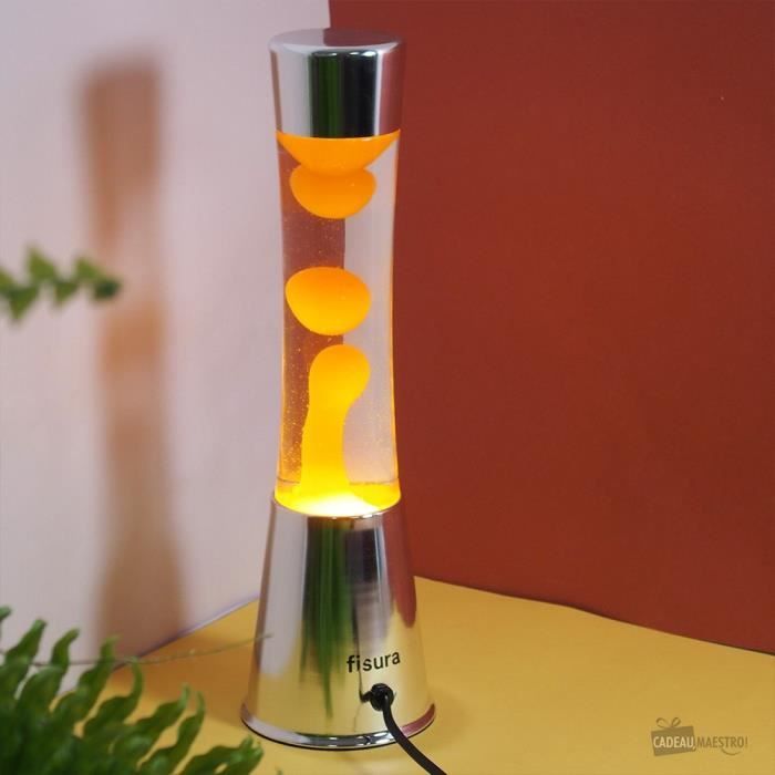Lampe à lave orange. Base en chrome argenté, liquide transparent