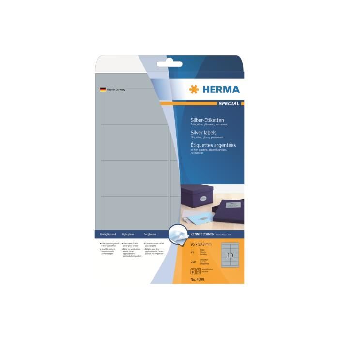HERMA ETIQUETTE EN FILM SPECIAL, 96 X 50,8 MM, ARGENT