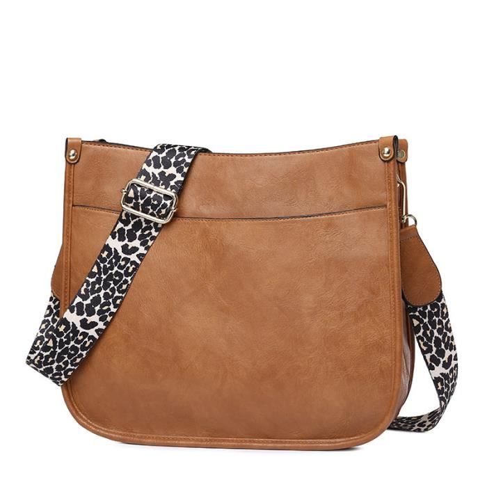 Sac Bandoulière Femme PU Marron - Design Rétro En Croissant, 2 Sangles Amovibles, Anti-pickpocket, 24x14x8 Cm