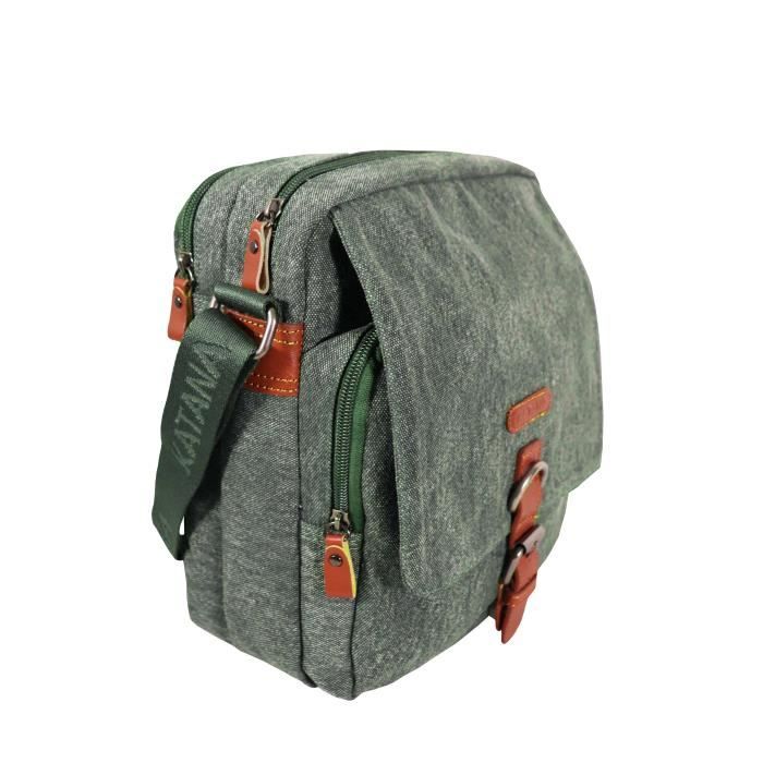 Petit Sac Bandoulière Mixte KATANA - Toile Et Cuir, 21x19x6 Cm, Poche Zippée, Réglable, Couleurs Disponibles - 8