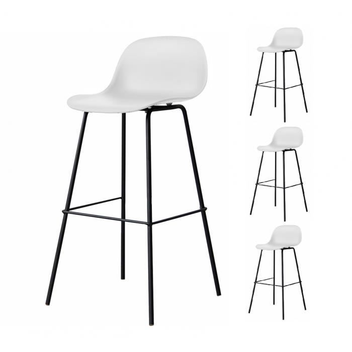 lot de 4 tabourets scandinaves blanc en résine et pieds en métal - kosmi - chaises de bar hauteur d'assise 76cm