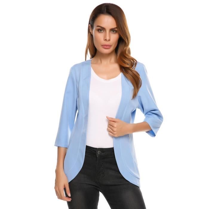 Veste Femme Sans Col Front Ouvert Manches 3 4 Decontracte Mince Bleu Clair Cdiscount Pret A Porter