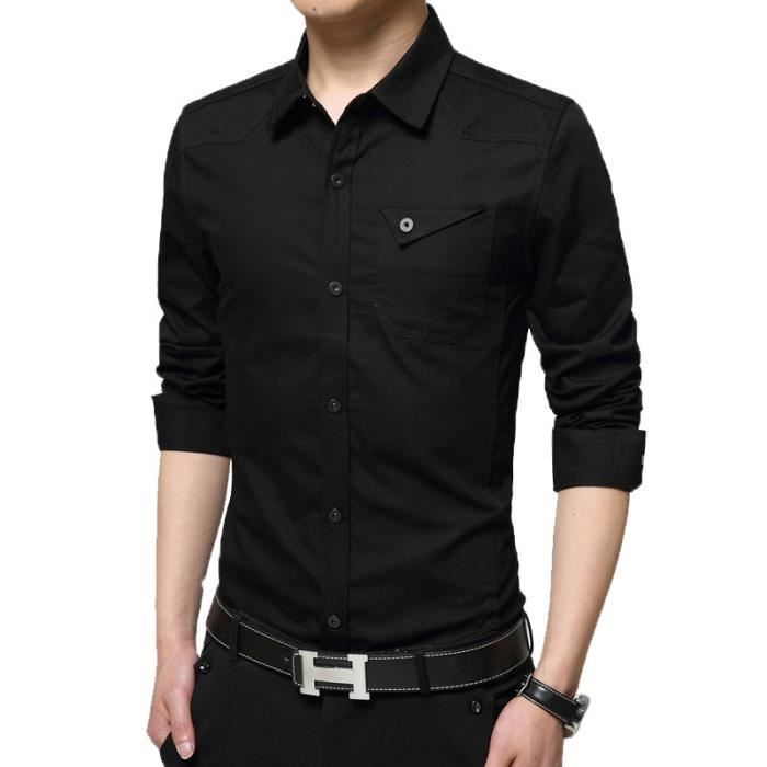 Chemise Homme Manches Longues Boutons Pressions INSFITY Slim Noir Col chemise Noir