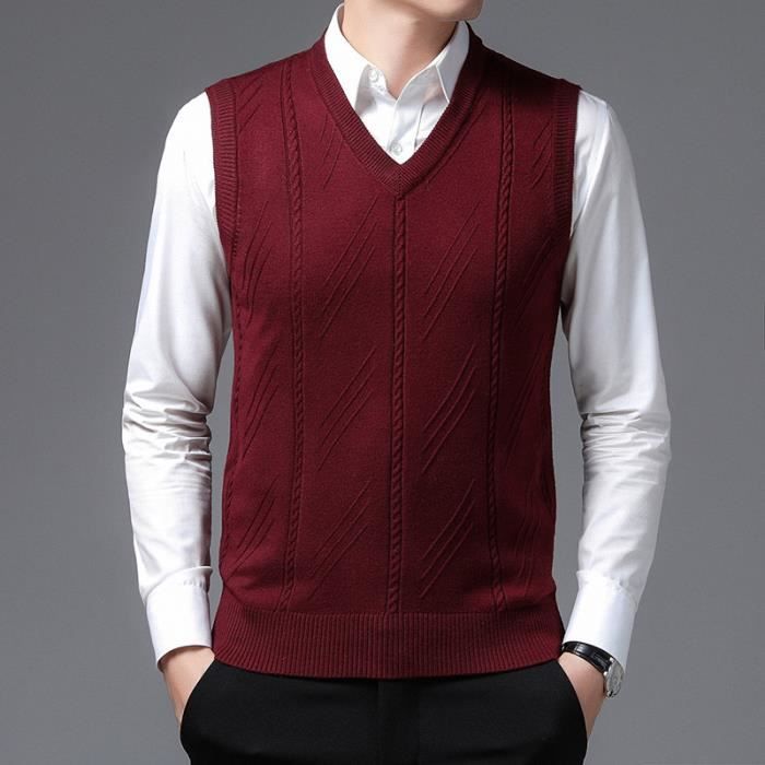 Gilet Homme Col V Sans Manche Chaud Doux Bordeaux