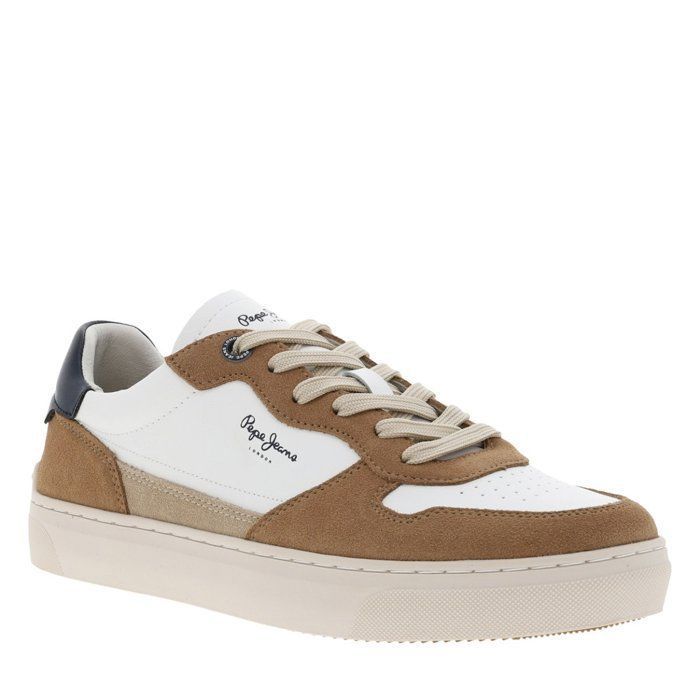 Pepe Jeans Baskets multisport en cuir blanches et beiges à senelle plate et à lacets plats