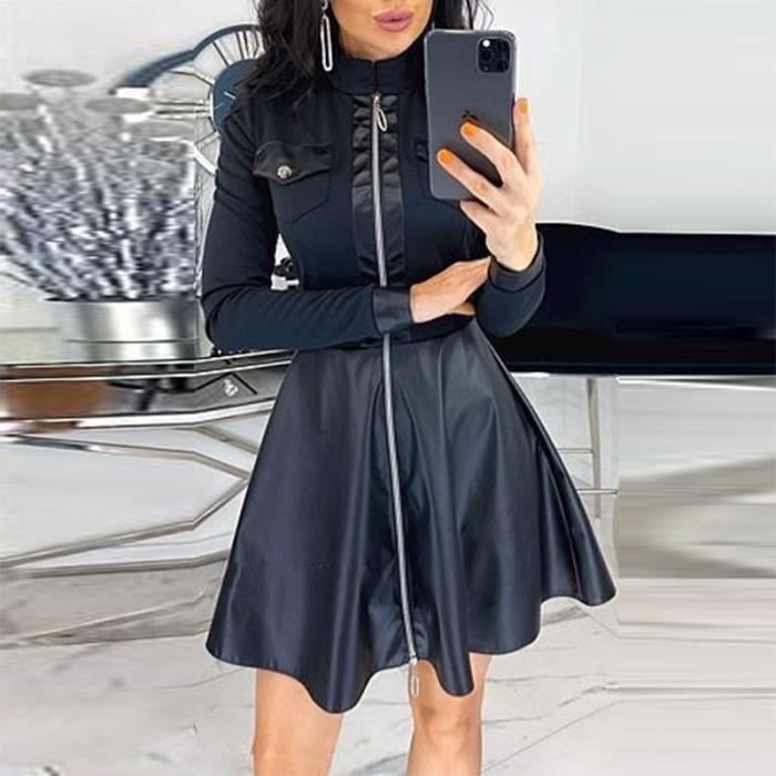 Robe Mini robe en cuir PU pour femmes automne fermeture eclair poches Sexy dentelle manches en maille Type 02 Black Blanc Cdiscount Pret a Porter