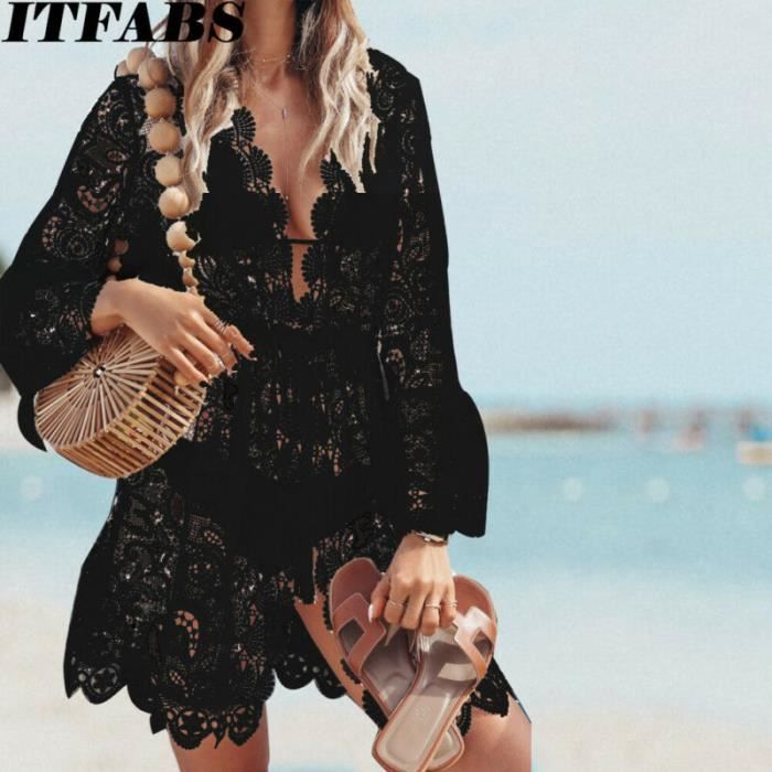Robe Robe de plage en dentelle Crochet pour femmes Cover Up pour les maillots de bain blanc noir tunique costume Type black Cdiscount Jeux Jouets