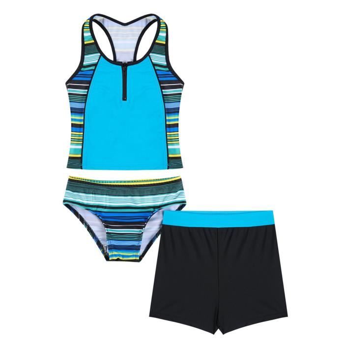 Maillot De Bain Tankini Pour Fille 4-14 Ans - Haut + Slip + Jupe - Protection UPF 50+ - Dos Nu élégant