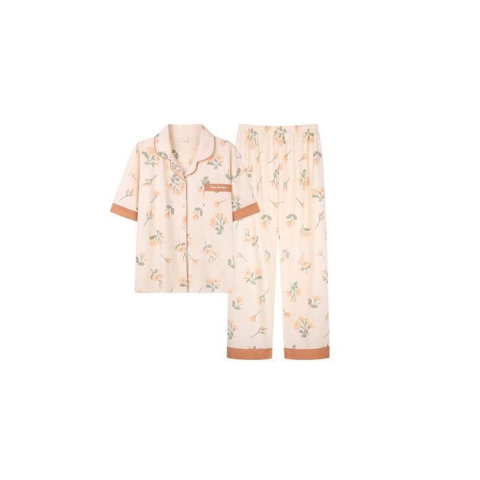 Ensemble De Pyjama En Coton Pour Femme à Imprimé Floral, Ensemble De Vêtements De Détente à Col Rond, Vêtements De Nuit Décontractés, Amples à Manches Courtes, En Mélange De Coton, Pyjama Deux